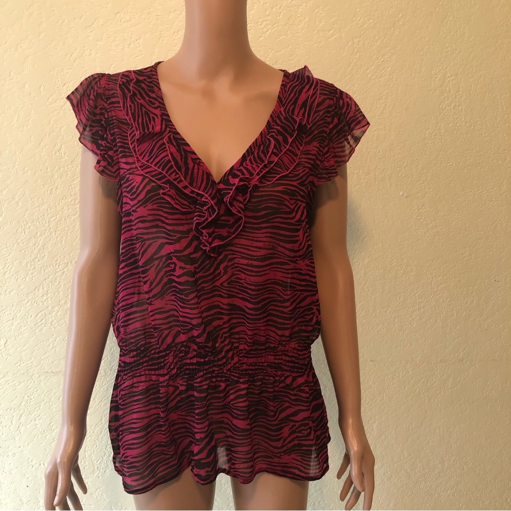 Max Azria Miley Cyrus Women’s Size XL Sheer Pink Zebra Blouse Stretched Waist